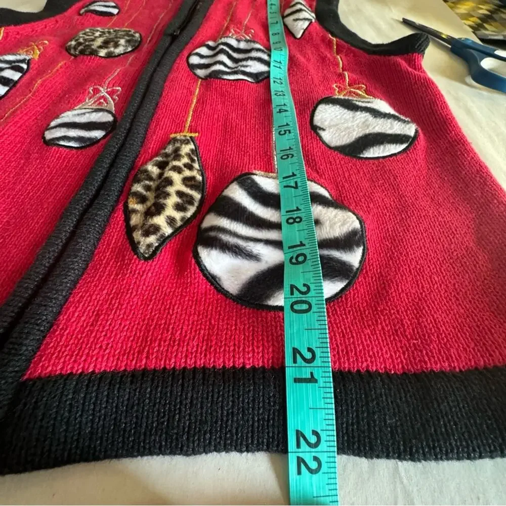 Animal Print Cheetah Zebra Christmas Ornament Zipper Sweater Vest Small Vintage - Picture 7 of 11